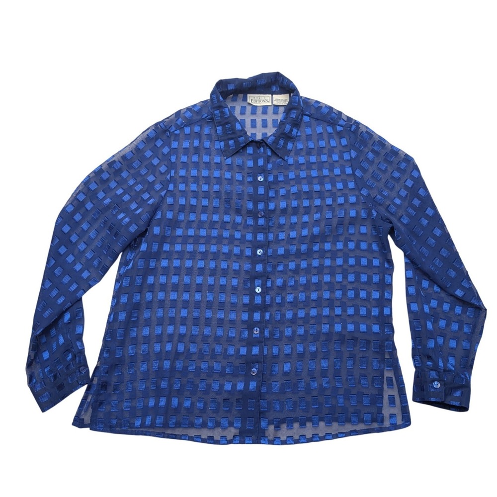 Y2K Basic Editions Button Up Blouse Womens Large Textured Sheer Metallic Grid